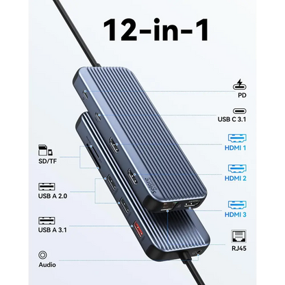 3 HDMI Docking Station Triple Monitor, USB C Dock 3 Monitor, 12-in-1 Laptop Docking Station Dual Monitor to 3 HDMI,10Gbps Type-C,USB 3.1,USB 2.0,100W PD,Ethernet,Audio,SD,TF Slots for Dell HP Lenovo