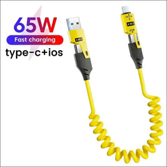 4 in 1 65W Spring Short Data Cable 6A USB Type C Telescopic Quick Charger Wire for iPhone 15 14 13 12 - simple