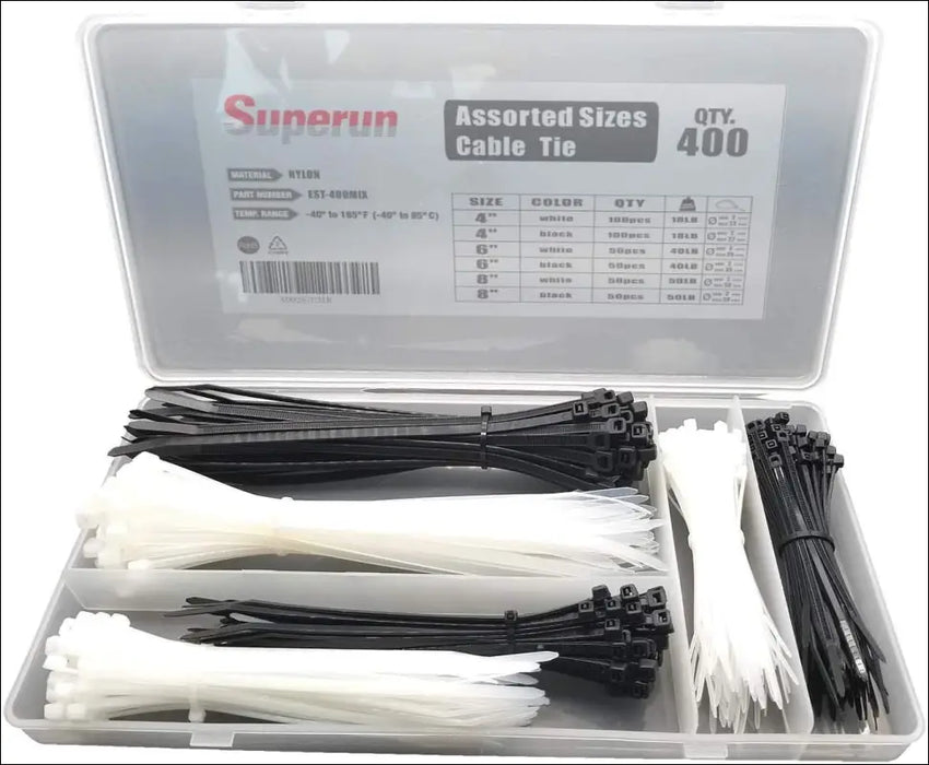 400pc Assorted Cable Ties, 3 Sizes
