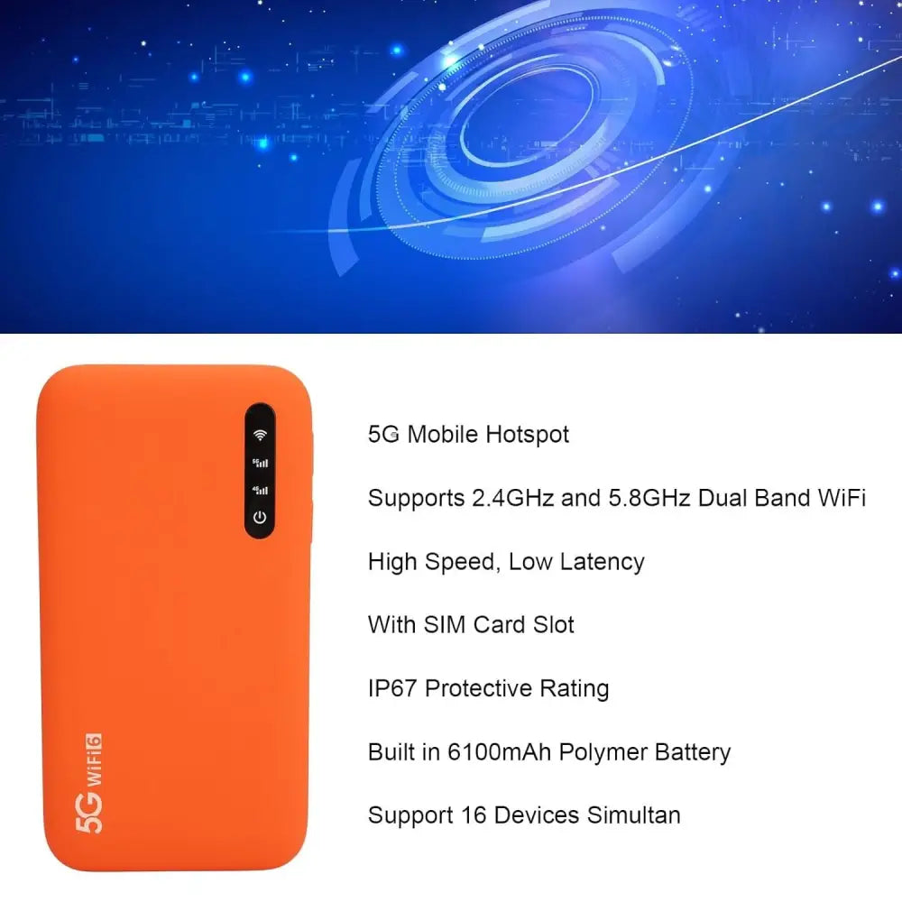 5G Mobile Hotspot with High Speed Travel Dual Band WiFi6 Portable Router for 16 Devices 6100mAh Battery, SIM Support