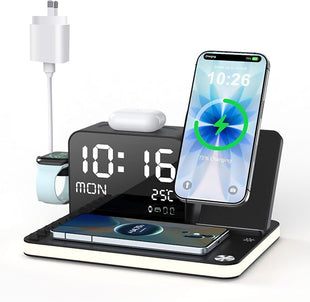 7‑in‑1 Wireless Charging Station with Clock & Night Light – Fast 33W Charger for iPhone, Android, AirPods & Apple Watch