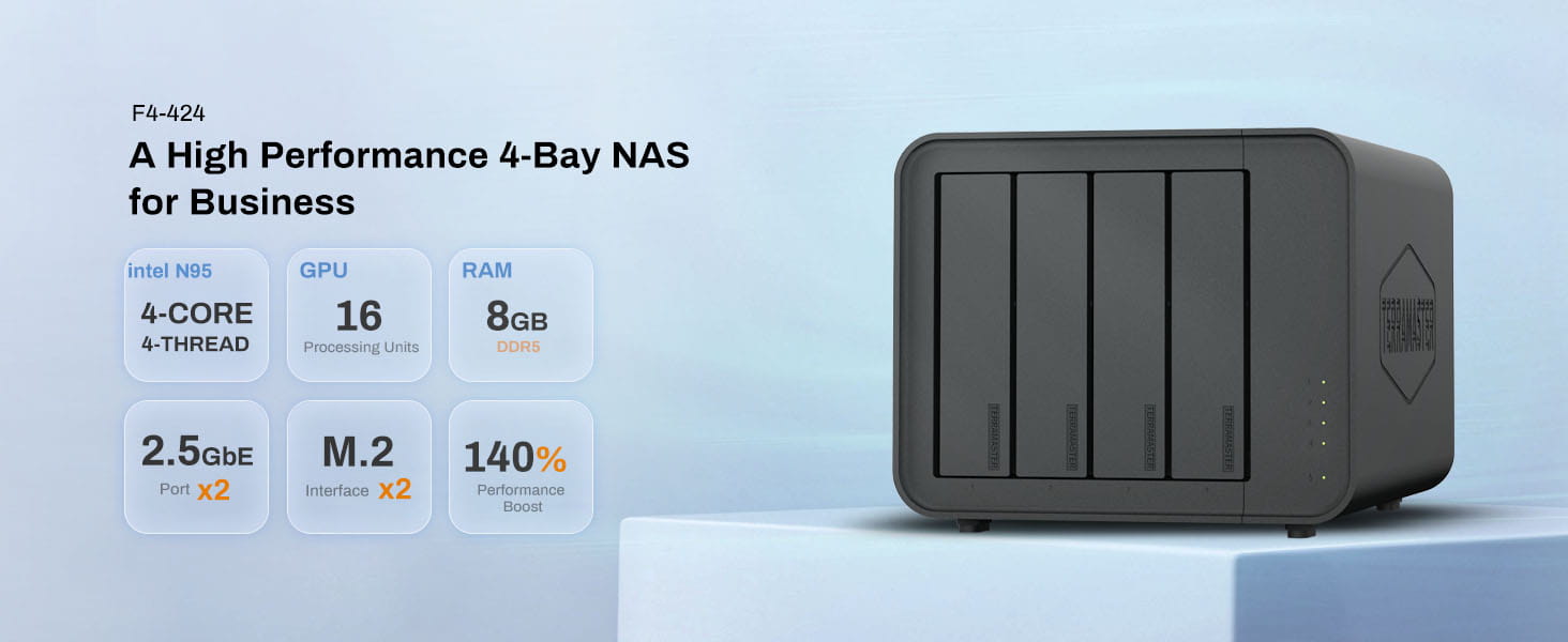TERRAMASTER F4-424 NAS Storage 4Bay - N95 Quad-Core CPU 8GB DDR5 RAM 2.5GbE Port x 2 Network Attached with High
