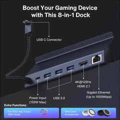 8-in-1 Docking Station with 65W PD Charger for ASUS ROG Ally X/Valve Steam Deck OLED/Lenovo Legion Go/MSI Claw, ROG Alloy/Stream Deck Dock Hub with HDMI 4K@120Hz, 1Gbps Ethernet, 3*USB-A 3.0