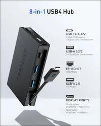 8-in-1 Portable 40Gbps USB4 Hub (USB 4 Dock) Dual DisplayPort 4K@60Hz, Single DisplayPort 8K@60Hz, 100W PD, Gigabit Ethernet, Compatible with Thunderbolt 4 for XPS, Surface Pro, iPad Pro