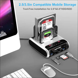 8-in-1 USB 3.0 to SATA I/II/III Dual Bay External Hard Drive Docking Station for 2.5"/3.5" HDD/SSD Support Offline Clone/UASP, with USB 3.0 Ports, Charger Port and TF & SD Card-(2X10TB)