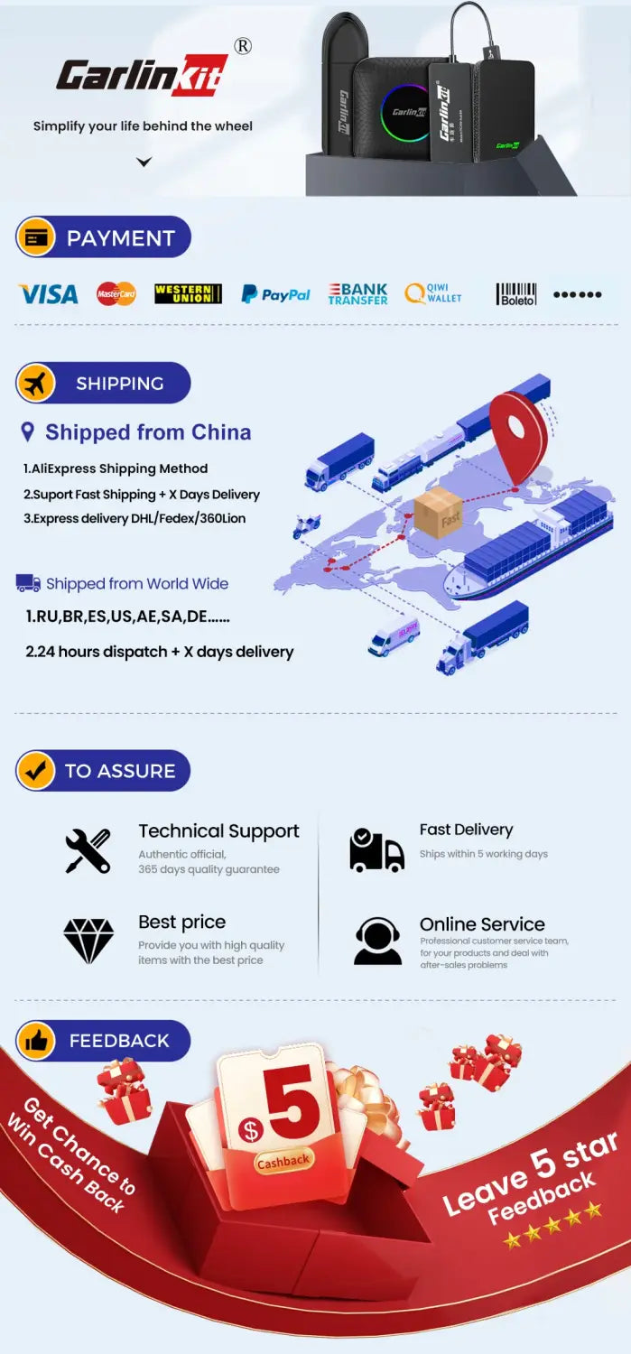 CarlinKit 5.0 CarPlay Android Auto Wireless Adapter Dongle for Toyota Mazda Vw Peugeot Havel Jeep Cadillac Chevrolet