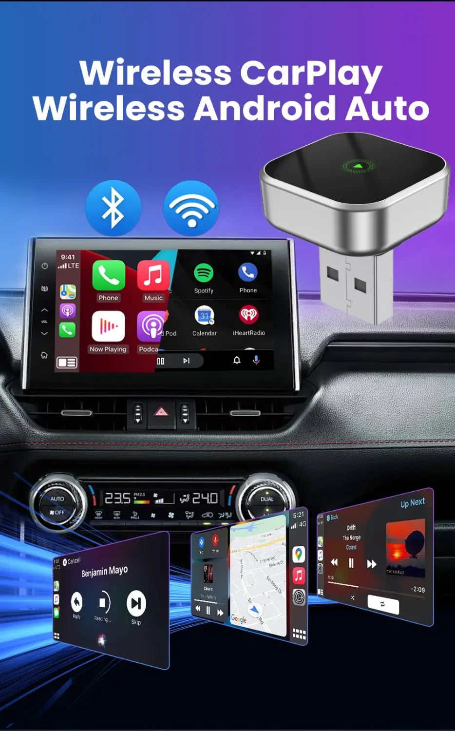 CarPlay Android Auto Wireless Adapter Plug And Play Bluetooth WiFi Connection For Kia Jeep Audi Volvo Peugeot Opel