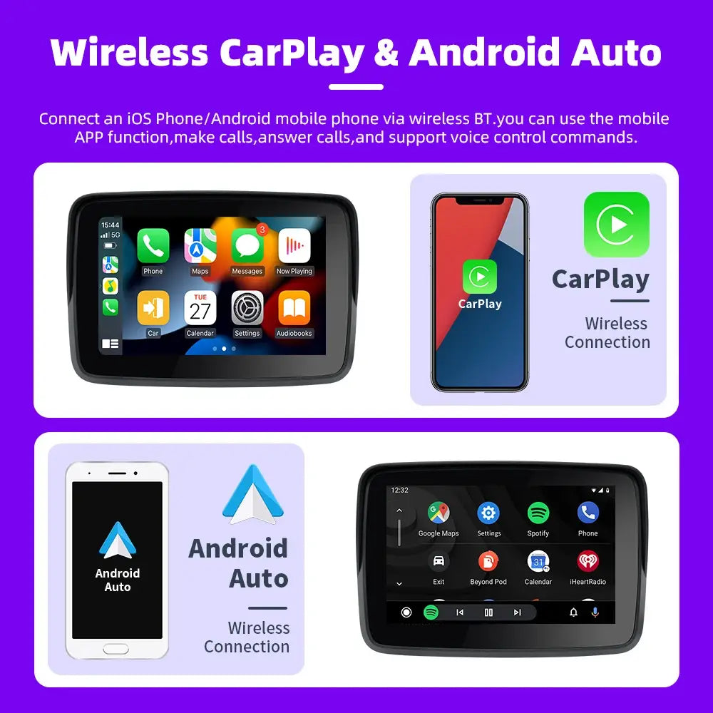 EKIY 5.0 inch Wireless CarPlay Moto Android Auto Portable Digital Motorcycle Dashboard GPS Navigation Display Screen
