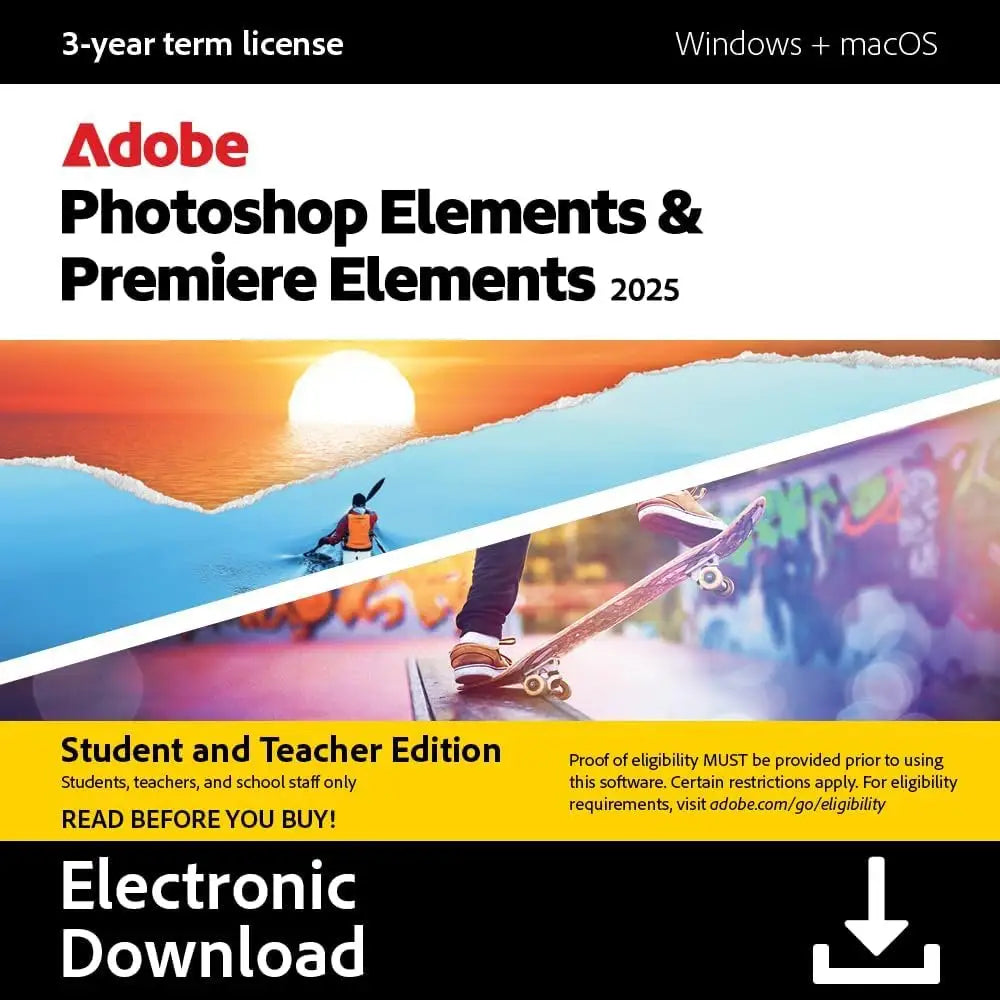 Adobe Photoshop 2025 & Premiere Elements 2025 - Student & Teacher Edition - 1 Device - 1 User - 3-Year Term Licence [Digital Download]