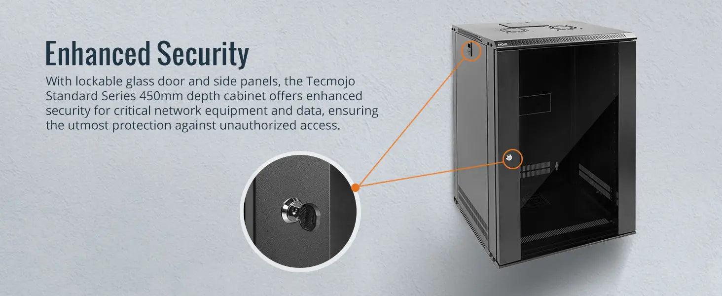 Tecmojo 18U Wall Mount Network Cabinet Data Server Rack Enclosure with Lockable Glass Door and Side Panels 50 kg /110