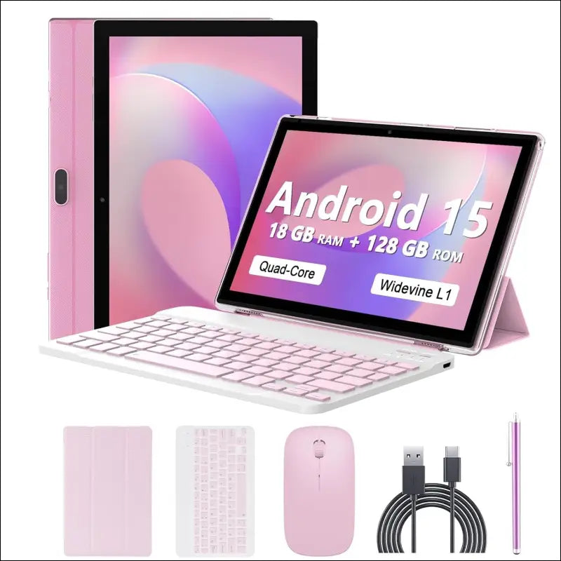 Android 15 Tablet 10 Inch, 18GB RAM+128GB ROM/2TB Expandable Tablet, 2 in 1 Tablets with Keyboard Case Mouse Stylus, 2.0GHz Quad-core CPU, 1280*800 IPS HD Screen, 5G WiFi6 BT...