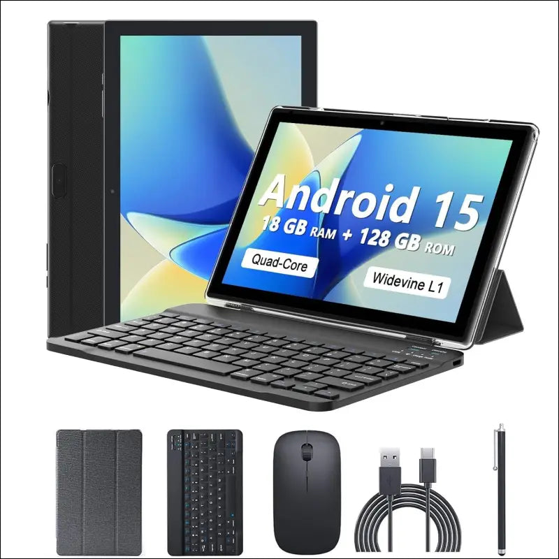 Android 15 Tablet 10 Inch, 18GB RAM+128GB ROM/2TB Expandable, 2 in 1 Tablets with Keyboard Case Mouse Stylus, 2.0GHz Quad-core Processor, 1280*800 IPS HD Screen, 5G WiFi 6 BT...
