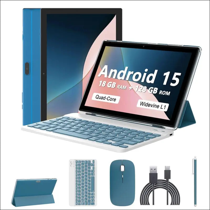 Android 15 Tablet 10 Inch, 18GB RAM+128GB ROM/2TB Expandable Tablet, 2 in 1 Tablets with Keyboard Case Mouse Stylus, 2.0GHz Quad-core CPU, 1280*800 IPS HD Screen, 5G WiFi6 BT...