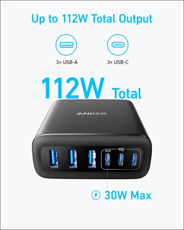 Anker Desktop Charger Fast Charging USB C Charger 112W Max 6-Port Charging Station for iPhone iPad MacBook Samsung