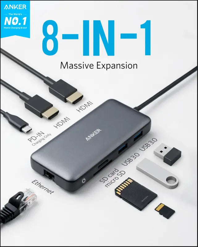 Anker Laptop Docking Station 8-in-1 USB-C Hub 4K Dual Monitor USB C Adapter with 2 HDMI 1 Gbps Ethernet USB Hub 100W