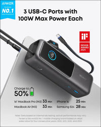Anker Laptop Power Bank 25,000mAh Portable Charger with Triple 100W USB-C Ports for Multi-Device Charging Built-in