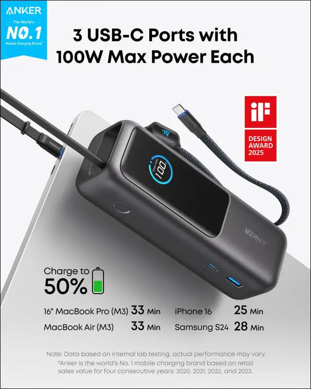 Anker Laptop Power Bank 25,000mAh Portable Charger with Triple 100W USB-C Ports for Multi-Device Charging Built-in