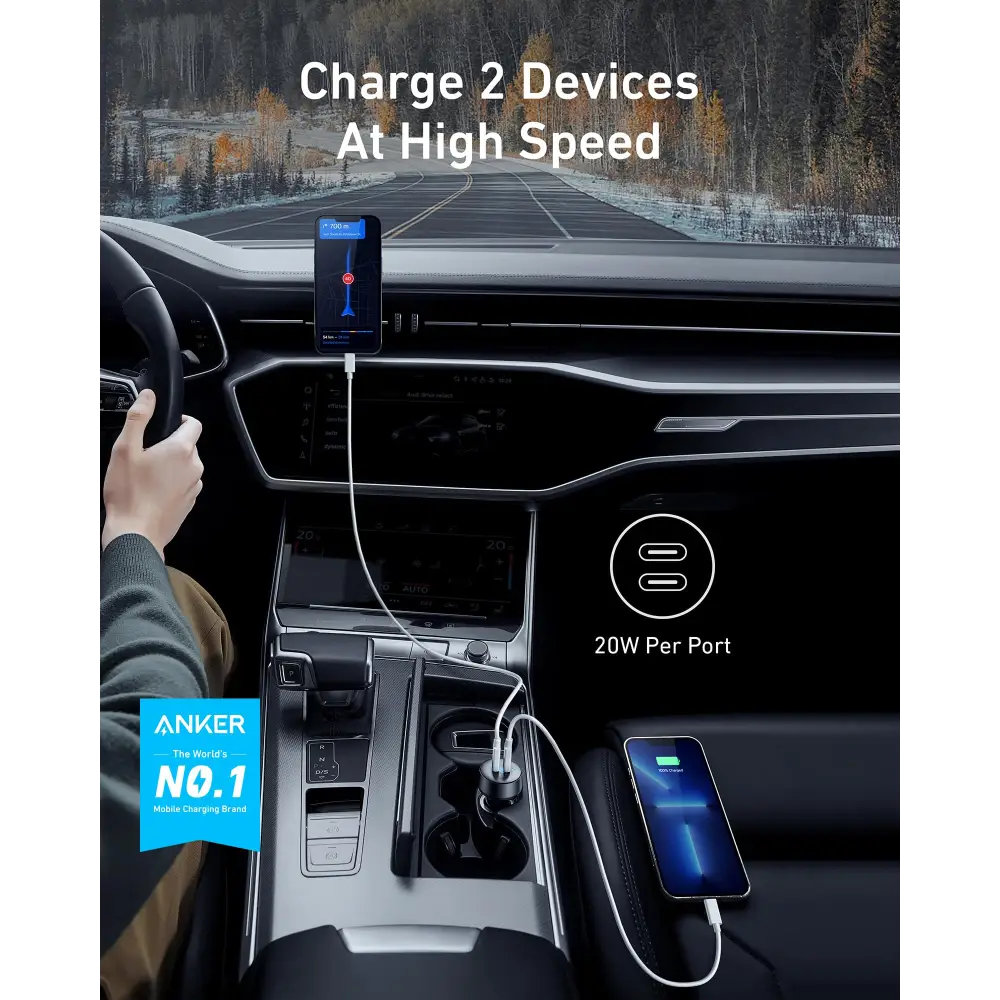 Anker USB C Car Charger 40W 2-Port PowerIQ 3.0 Type C Adapter iPhone 16 Car Charger PowerDrive III Duo with Power
