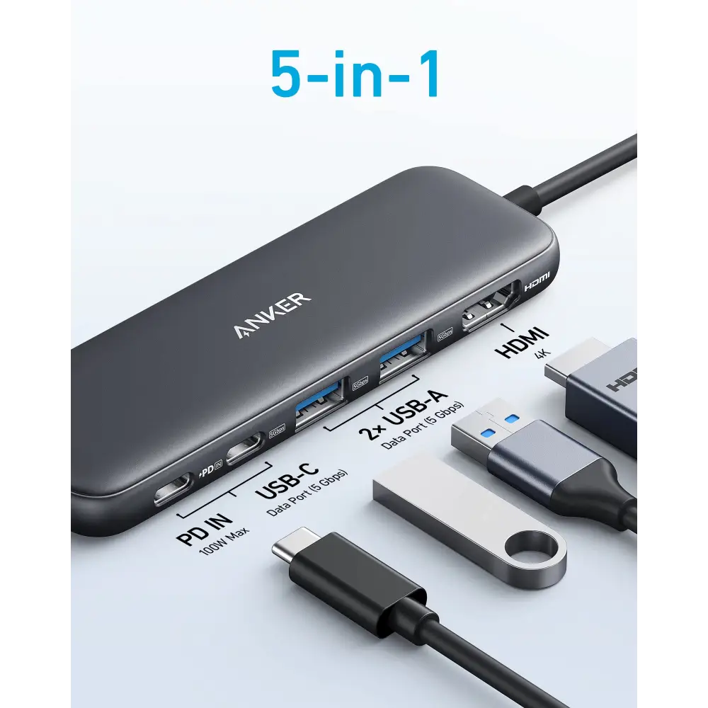 Anker USB C Hub 5-in-1 USBC to HDMI Splitter with 4K Display 1 x Powered USB-C 5Gbps & 2×Powered USB-A 3.0 5Gbps Data