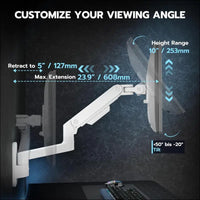 ARES WING Wall Mounted Monitor Arm with Fully Adjustable Gas Spring, Portable up to 20kg, for 17-49" Ultrawide Monitors, Single Monitor Mount, 75/100 VESA Mount, White