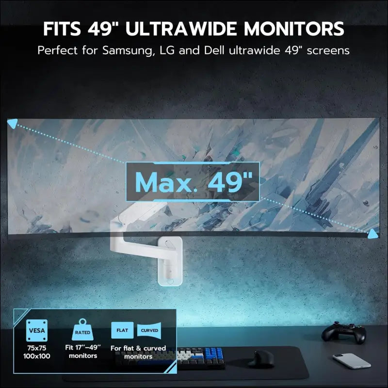 ARES WING Wall Mounted Monitor Arm with Fully Adjustable Gas Spring, Portable up to 20kg, for 17-49" Ultrawide Monitors, Single Monitor Mount, 75/100 VESA Mount, White
