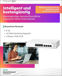 Aruba Instant on 1830 8-Port Gb | 4-Port Class 4 Poe Smart Switch (65W) - 8X 1G | Fanless | EU Europe Cord (JL811A#ABB)