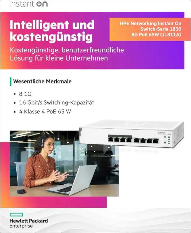 Aruba Instant on 1830 8-Port Gb | 4-Port Class 4 Poe Smart Switch (65W) - 8X 1G | Fanless | EU Europe Cord (JL811A#ABB)