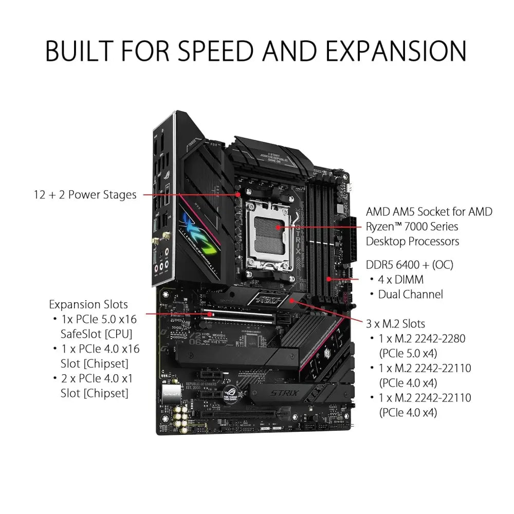 ASUS ROG Strix B650E-F Gaming WiFi AMD Ryzen AM5 ATX Motherboard, 12 + 2 Power Stages, DDR5, Three M.2 Slots, PCIe 5.0, WiFi 6E, 2.5G LAN, USB 3.2 Gen 2x2 Type-C Port, and Aura...