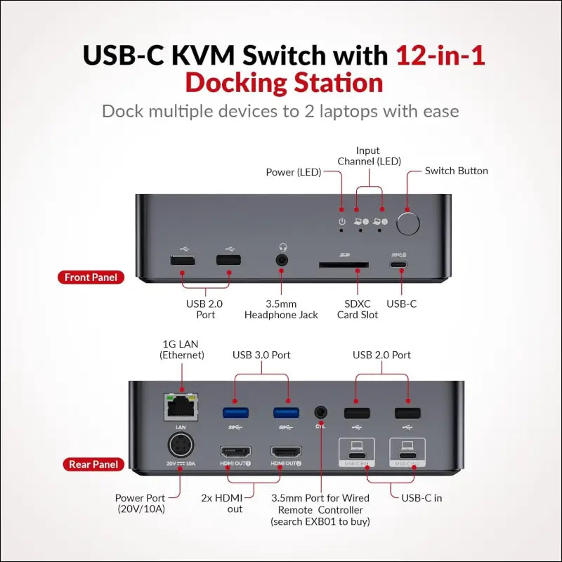 AV Access Docking Station KVM Switch 2 Monitors 2 Laptops, 4K KVM Dual Monitor, 2 USB-C MST Ports, 60W PD for Each PC,1G Ethernet, EDID Emulation, 2K@144Hz, 1080P@240Hz, Ideal for Home Office & Gaming