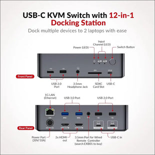 AV Access Docking Station KVM Switch 2 Monitors 2 Laptops, 4K KVM Dual Monitor, 2 USB-C MST Ports, 60W PD for Each PC,1G Ethernet, EDID Emulation, 2K@144Hz, 1080P@240Hz, Ideal for Home Office & Gaming