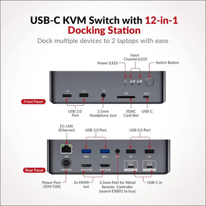 AV Access Docking Station KVM Switch 2 Monitors 2 Laptops, 4K KVM Dual Monitor, 2 USB-C MST Ports, 60W PD for Each PC,1G Ethernet, EDID Emulation, 2K@144Hz, 1080P@240Hz, Ideal for Home Office & Gaming