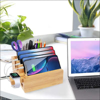 Bamboo 5-Slot Charging Station Docking Holder, Charging Station for Multiple Devices Dock, Charging Station Accessories Multi-Device Cable Organiser Stand Compatible Mobile Phone/Tablet/Watch