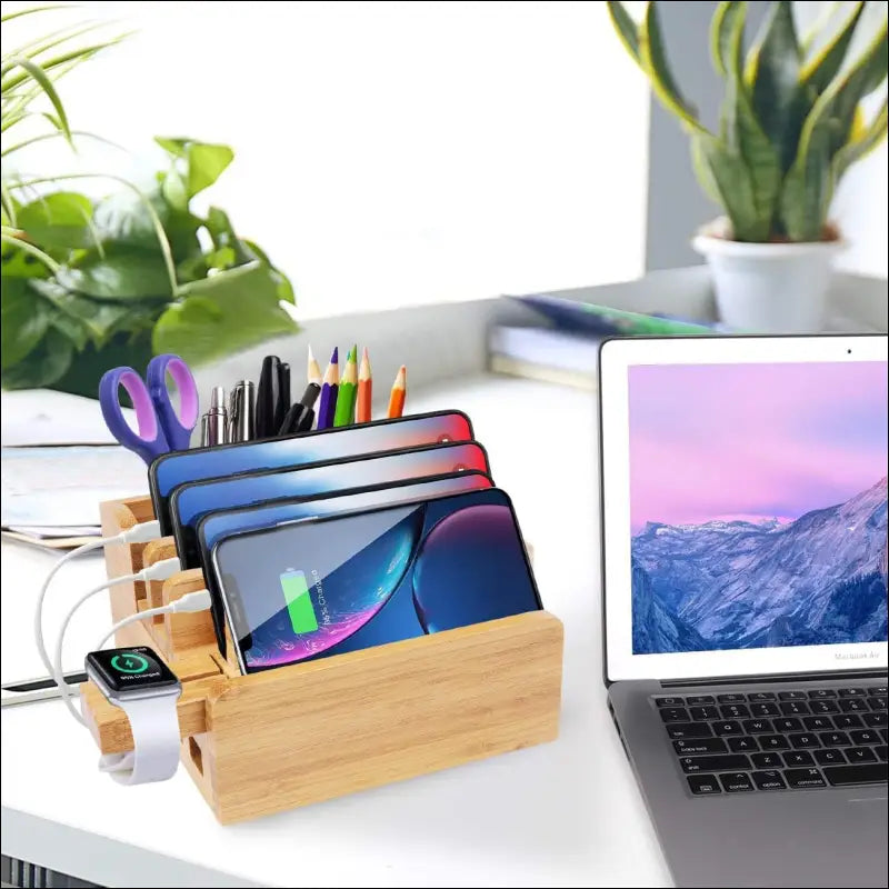 Bamboo 5-Slot Charging Station Docking Holder, Charging Station for Multiple Devices Dock, Charging Station Accessories Multi-Device Cable Organiser Stand Compatible Mobile Phone/Tablet/Watch