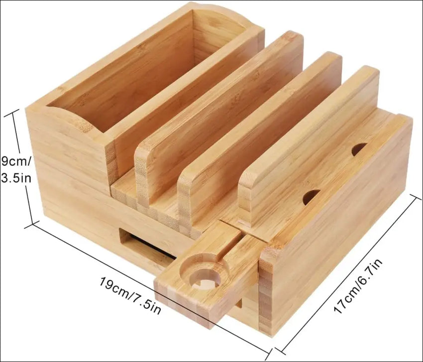 Bamboo 5-Slot Charging Station Docking Holder, Charging Station for Multiple Devices Dock, Charging Station Accessories Multi-Device Cable Organiser Stand Compatible Mobile Phone/Tablet/Watch