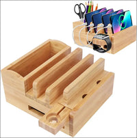 Bamboo 5-Slot Charging Station Docking Holder, Charging Station for Multiple Devices Dock, Charging Station Accessories Multi-Device Cable Organiser Stand Compatible Mobile Phone/Tablet/Watch
