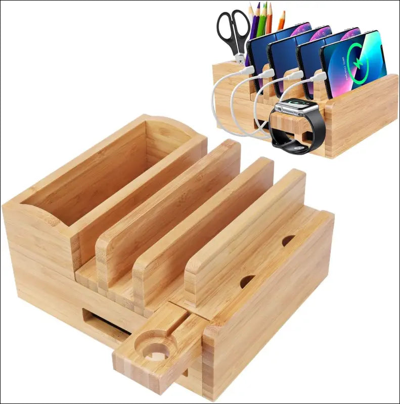 Bamboo 5-Slot Charging Station Docking Holder, Charging Station for Multiple Devices Dock, Charging Station Accessories Multi-Device Cable Organiser Stand Compatible Mobile Phone/Tablet/Watch