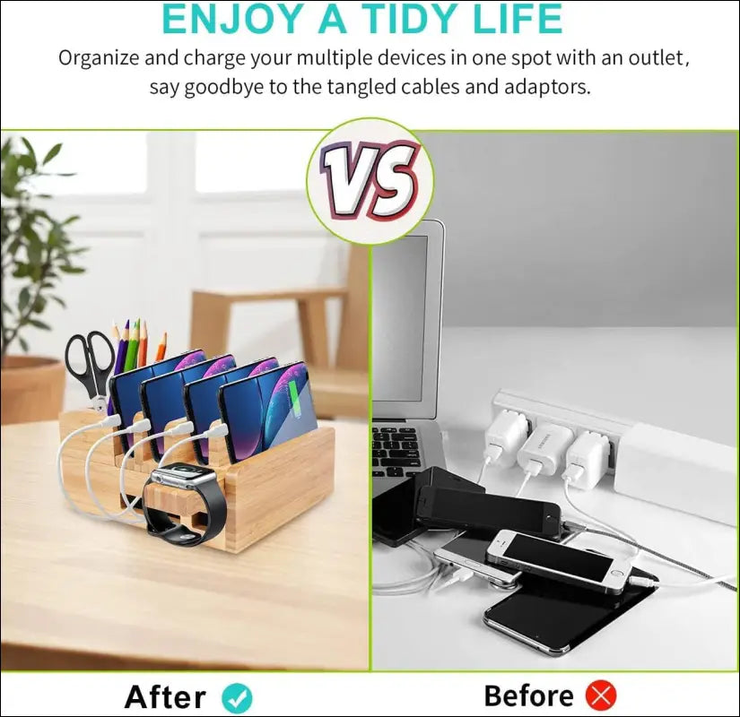 Bamboo 5-Slot Charging Station Docking Holder, Charging Station for Multiple Devices Dock, Charging Station Accessories Multi-Device Cable Organiser Stand Compatible Mobile Phone/Tablet/Watch