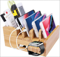 Bamboo 5-Slot Charging Station Docking Holder, Charging Station for Multiple Devices Dock, Charging Station Accessories Multi-Device Cable Organiser Stand Compatible Mobile Phone/Tablet/Watch