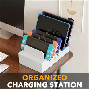 Bamboo Charging Station for Multiple Devices, Cell Phone Docking Stations for Multi Laptop, Tablets and iPads, Nightstand Bedside Desk Device Charger Organizer (White)
