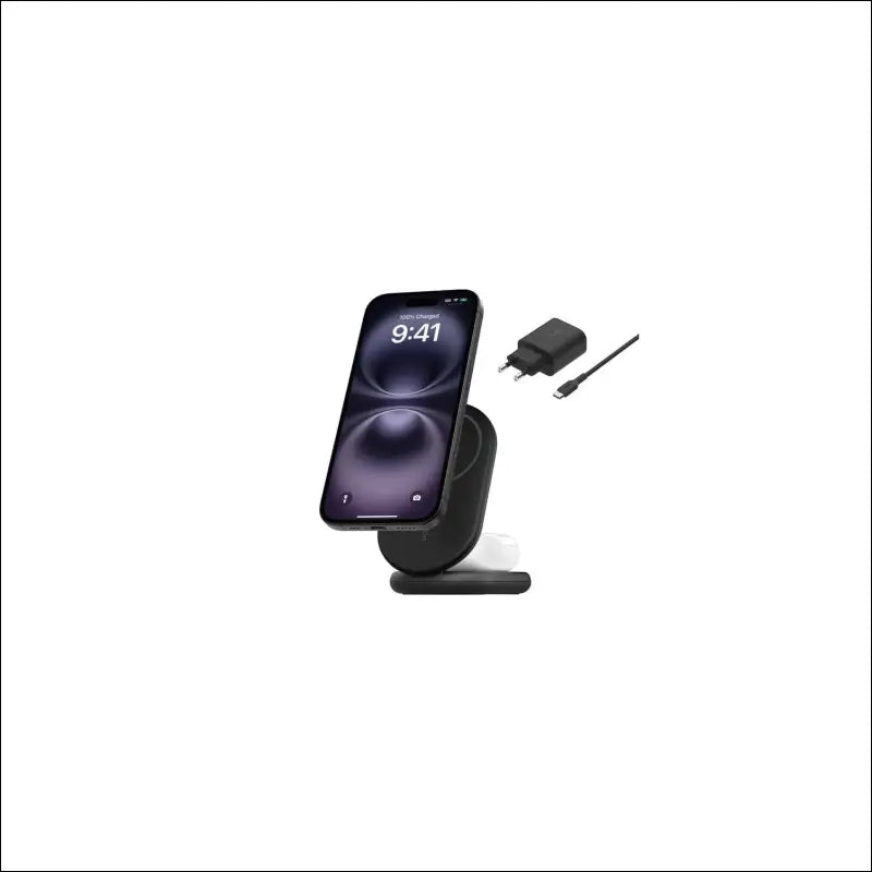 Belkin BoostCharge Magnetic Foldable Qi2 Charger 2 in 1 Power 15W MagSafe Compatible Wireless Charger for Apple iPhone 16/15/14/13 with Non-Slip Base, Power Supply Included - Black