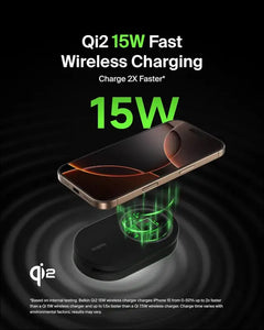 Belkin WIZ028qcBK 2 in 1 Qi2 Wireless Charging Stand, Compatible With Qi2 Official Certified/MagSafe Smartphone (Up to 15W Fast Charging), AirPods/Wireless Charging Earphones (5W)