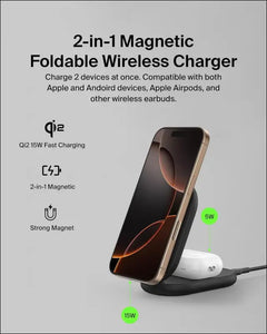 Belkin WIZ028qcBK 2 in 1 Qi2 Wireless Charging Stand, Compatible With Qi2 Official Certified/MagSafe Smartphone (Up to 15W Fast Charging), AirPods/Wireless Charging Earphones (5W)