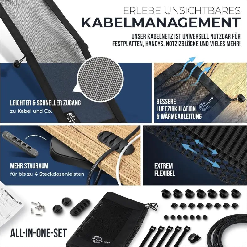 Cable Net Desk for Cable Management, Flexible Cable Duct - Ideal for Cable Organisation - Hide Cable Under The Table, Cable Holder with Cable Hose, Black
