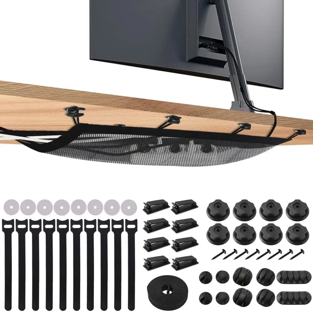 Cable Net Desk, Cable Management Desk for Under Table, Cable Channels, Cable Tray, Cable Trays with 8 Hooks, Adjustable Cable Velcro Straps, Cable Holder, Cable Clips for PC...