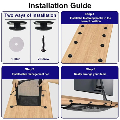 Cable Net Desk, Cable Management Desk for Under Table, Cable Channels, Cable Tray, Cable Trays with 8 Hooks, Adjustable Cable Velcro Straps, Cable Holder, Cable Clips for PC...