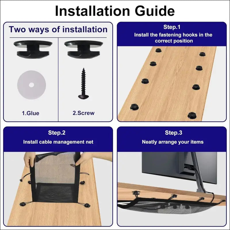 Cable Net Desk, Cable Management Desk for Under Table, Cable Channels, Cable Tray, Cable Trays with 8 Hooks, Adjustable Cable Velcro Straps, Cable Holder, Cable Clips for PC...