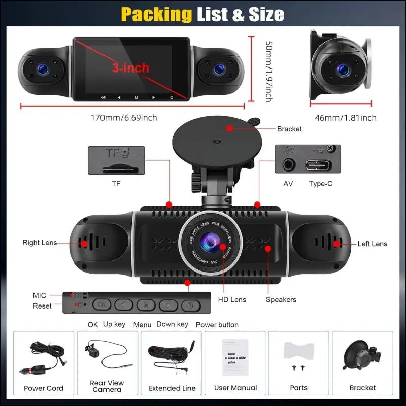 CAMECHO 4 Channel Dash Cam Car, 360° Rotatable Front Rear Interior Left Right Dash Cam, Car Camera with App Control, IR Night Vision, Loop Recording, G-Sensor, Parking Aid, 24H...