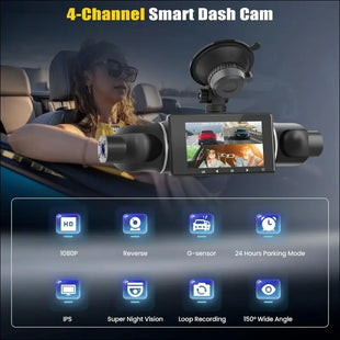 CAMECHO 4 Channel Dash Cam Car, 360° Rotatable Front Rear Interior Left Right Dash Cam, Car Camera with App Control, IR Night Vision, Loop Recording, G-Sensor, Parking Aid, 24H...