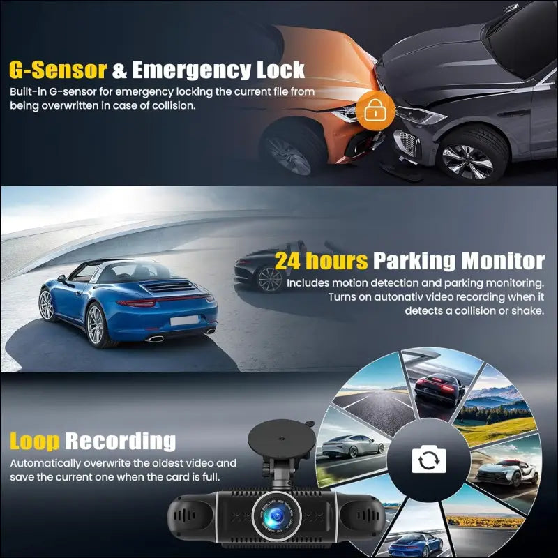 CAMECHO 4 Channel Dash Cam Car, 360° Rotatable Front Rear Interior Left Right Dash Cam, Car Camera with App Control, IR Night Vision, Loop Recording, G-Sensor, Parking Aid, 24H...