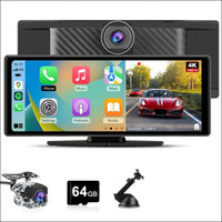 Car Stereo 10.25 inch Portable Car Audio Carplay Android Auto Airplay MirrorLink 4K Dash Cam + 1080P Rear Backup Camera + 64GB Micro SD Card Driving Recorder Parking Assistance